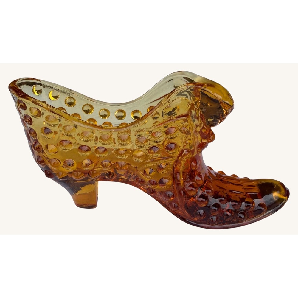 Vintage Fenton Amber Glass Hobnail Shoe Slipper Cat Head Pre-1970 5.5"